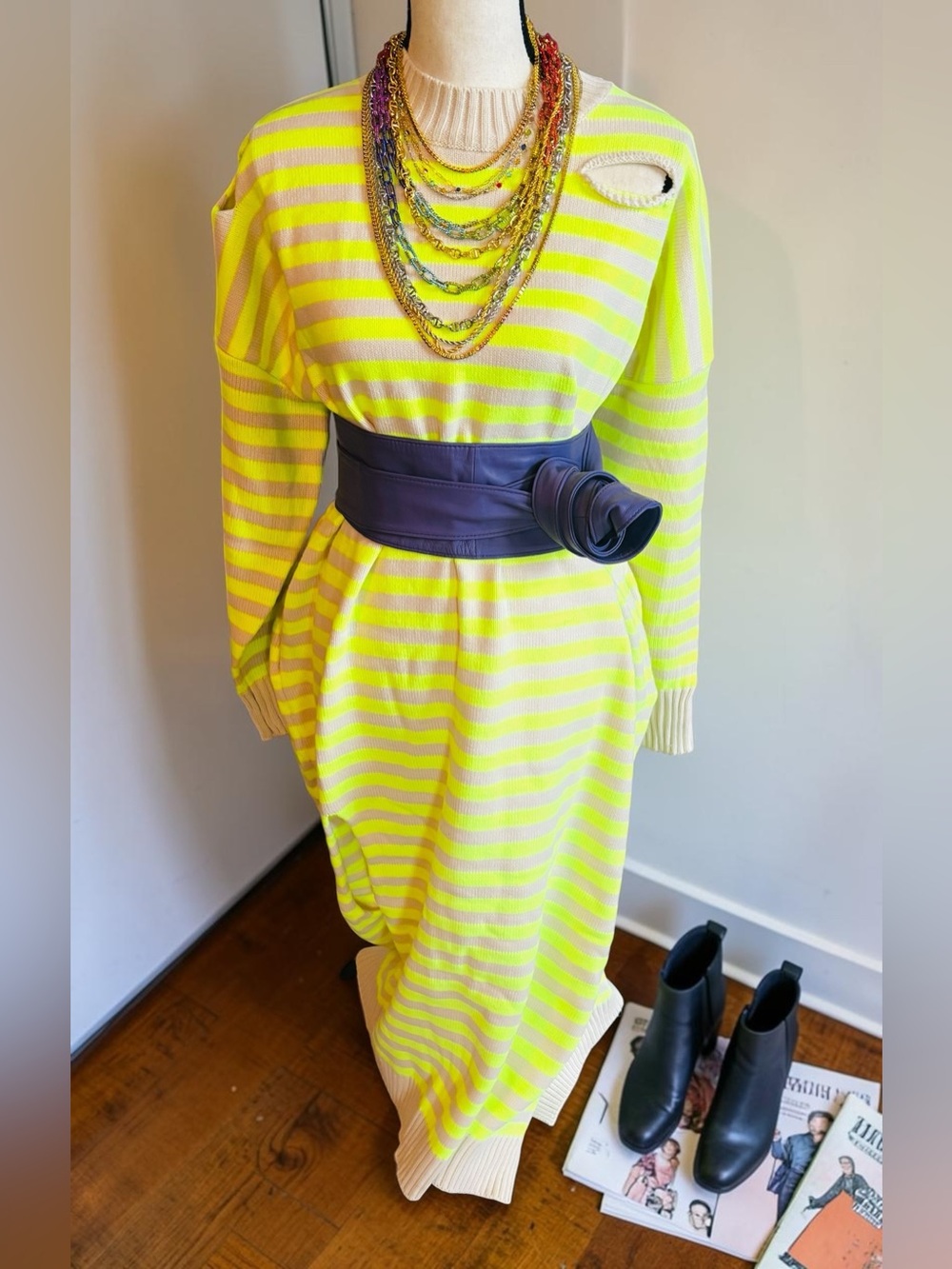 Neon Yellow/Green Striped Knit Dress
